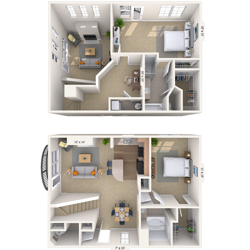 Floor plan for 2 beds, 2.5 baths, 1404 sqft